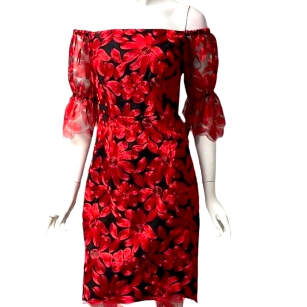 TRINA TURK Red Floral Off The Shoulder Dress Ruffle Sleeves & Scalloped Hem 10
